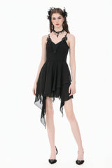 Black V Collar Lace Embroidered Asymmetric Women's Gothic Slip Dress - Black - 1