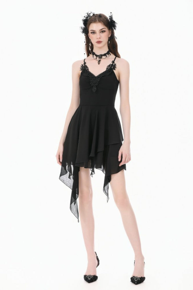 Black V Collar Lace Embroidered Asymmetric Women's Gothic Slip Dress - Black - 1
