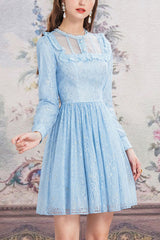 Blue Vintage Lace Round Collar Long Sleeves Sweet Lolita OP Dress - Blue - 1