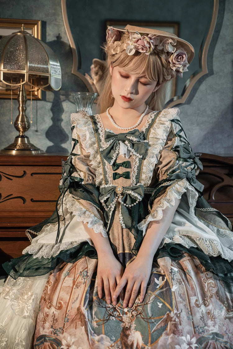 Green Gorgeous Short Sleeves Ruffle Bowknot Print Classic Lolita Dress - Product - 5