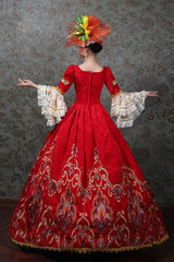 Red Multi-Layer Trumpet Sleeves Half Sleeves High Waisted Embroidery Print Victorian Lolita Prom Dress - Product - 3