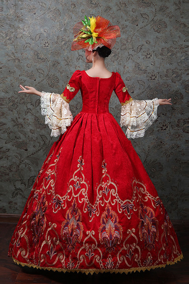 Red Multi-Layer Trumpet Sleeves Half Sleeves High Waisted Embroidery Print Victorian Lolita Prom Dress - Product - 3