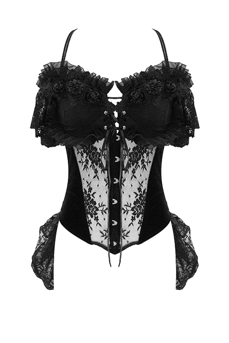 Black Gorgeous Sheer Floral Lace Ruffled Fitted Women's Gothic Corsets With Detachable Hem - Product - 7