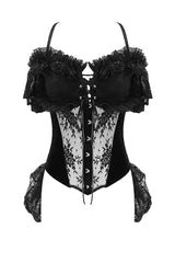 Black Gorgeous Sheer Floral Lace Ruffled Fitted Women's Gothic Corsets With Detachable Hem - Product - 7