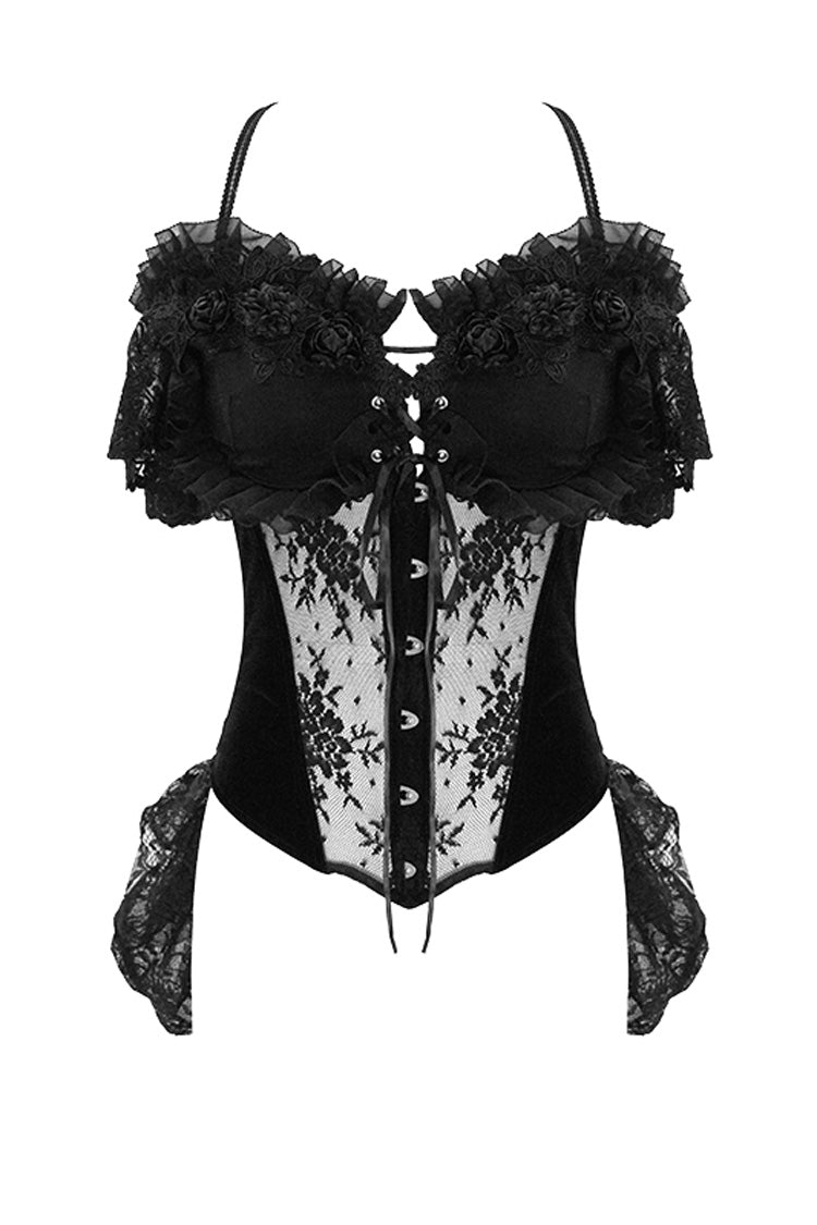Black Gorgeous Sheer Floral Lace Ruffled Fitted Women's Gothic Corsets With Detachable Hem - Product - 7