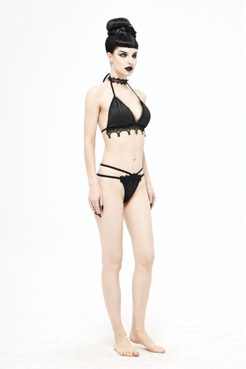 Black Gothic Lace Collar Lace Up Bikini Swimsuit - Product - 10