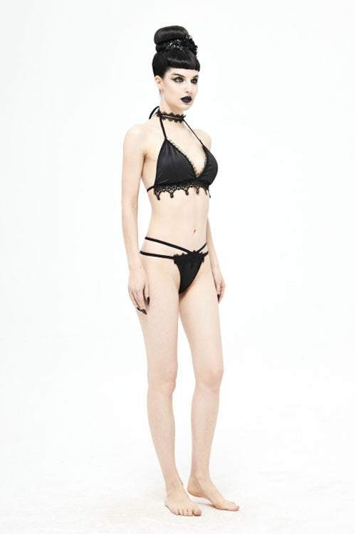 Black Gothic Lace Collar Lace Up Bikini Swimsuit - Product - 10