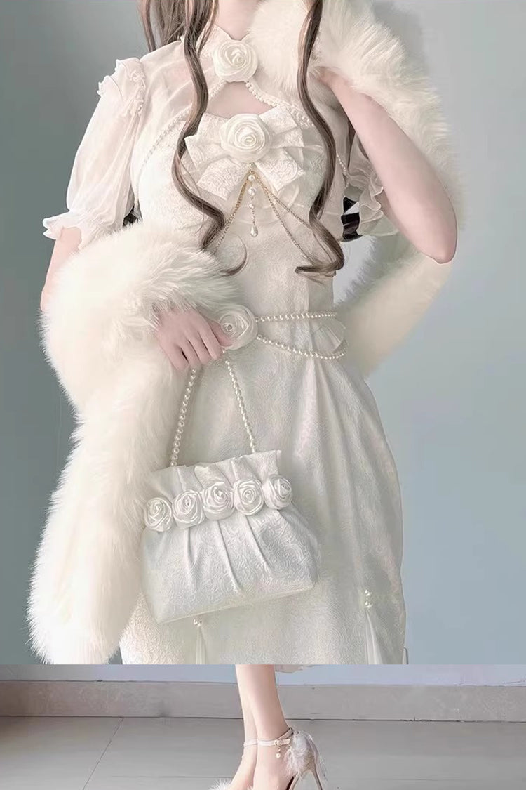 White [Camellia 1.0] Sleeveless Jacquard Ruffle Lace Sweet Chinese Style Lolita Jsk Fishtail Dress - Product - 6
