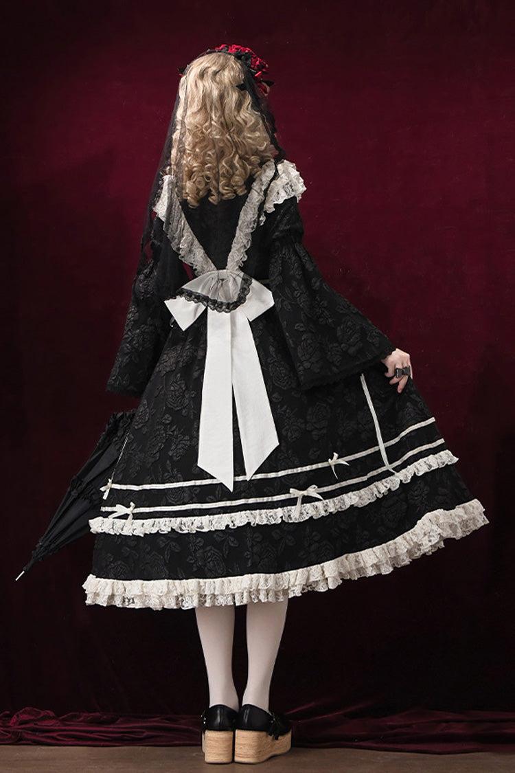 Black [Rose Choir] Double-Layered Ruffle Embroidery Bowknot Lace Gothic Elegant Nun Lolita Dress - Product - 9