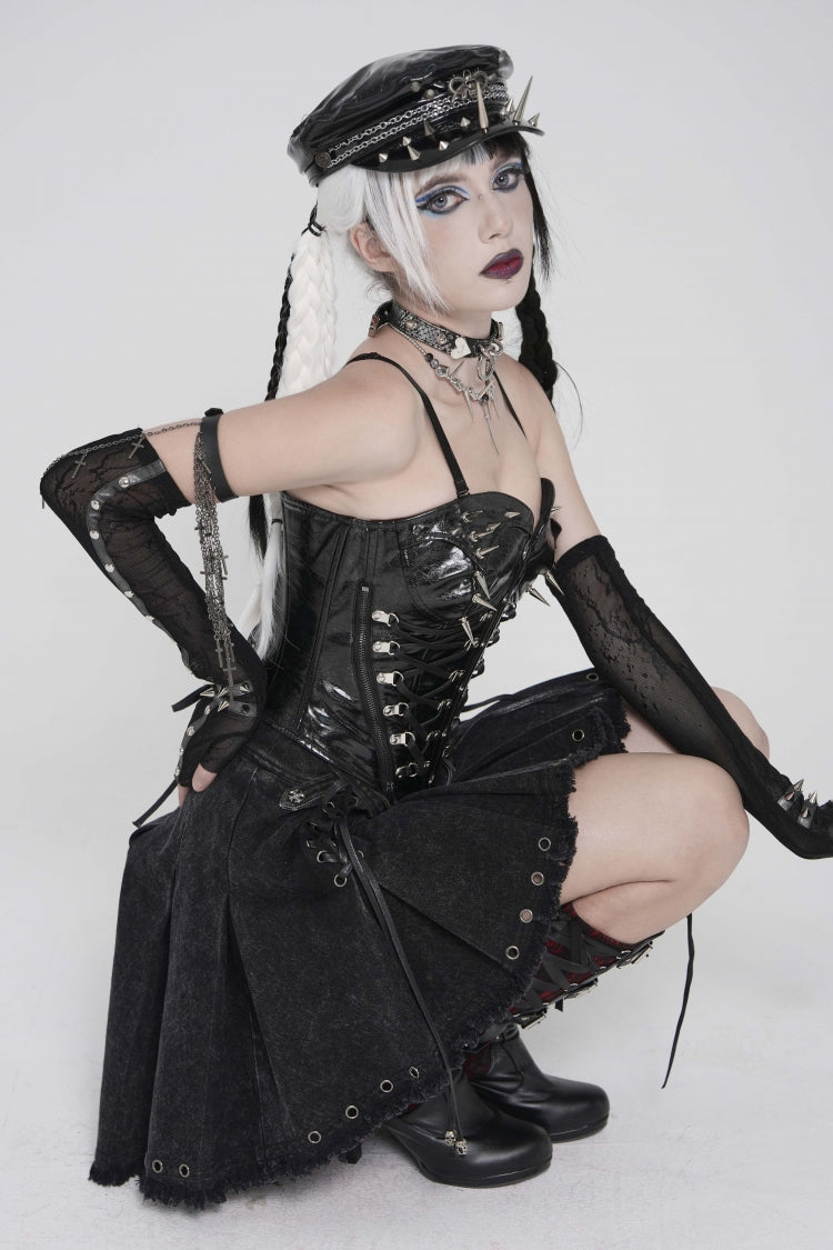 Black Lace-Up Pleated Eyelet Women's Punk Skirt - Product - 10
