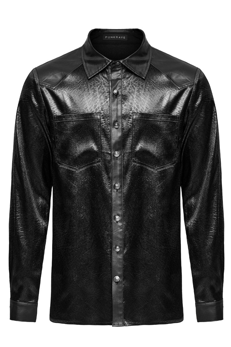 Black Lapel Collar Long Sleeves Faux Leather Men's Gothic Blouse - Product - 5
