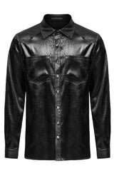Black Lapel Collar Long Sleeves Faux Leather Men's Gothic Blouse - Product - 5