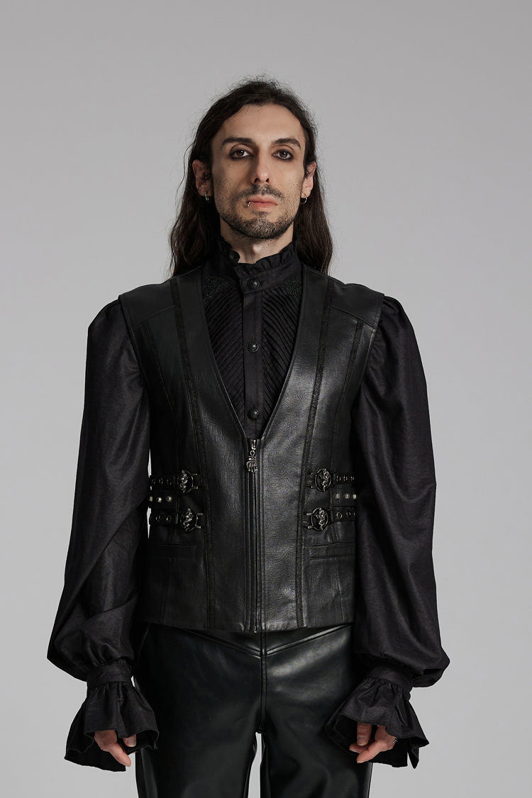 Black V Collar Sleeveless Buckle-up Zip Men's Gothic Vest - Black - 1