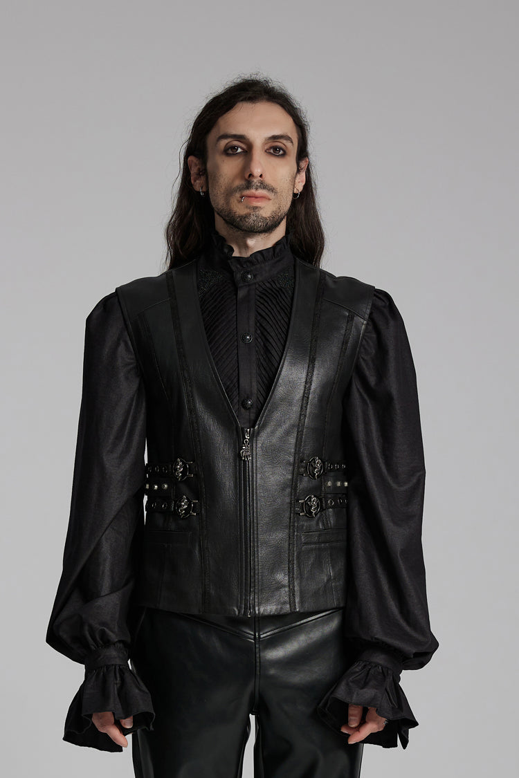 Black V Collar Sleeveless Buckle-up Zip Men's Gothic Vest - Black - 1