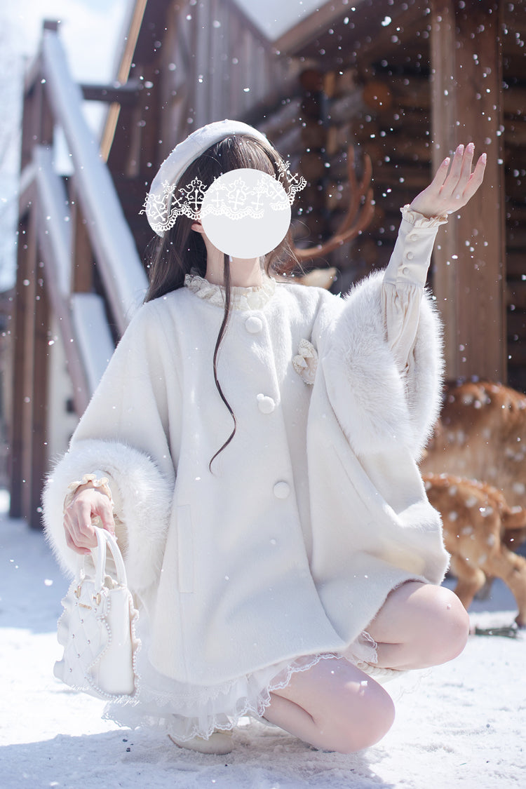 White Long Sleeves Lace Sweet Japanese Lolita Fluffy Cloak Coat - Product - 6