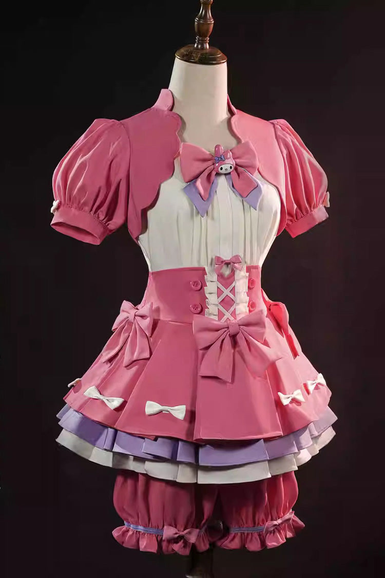 Pink [Identity V] Short Sleeves Ruffle Bowknot Lace-Up Sweet Ouji Lolita Dress Shorts Set - Pink - 1