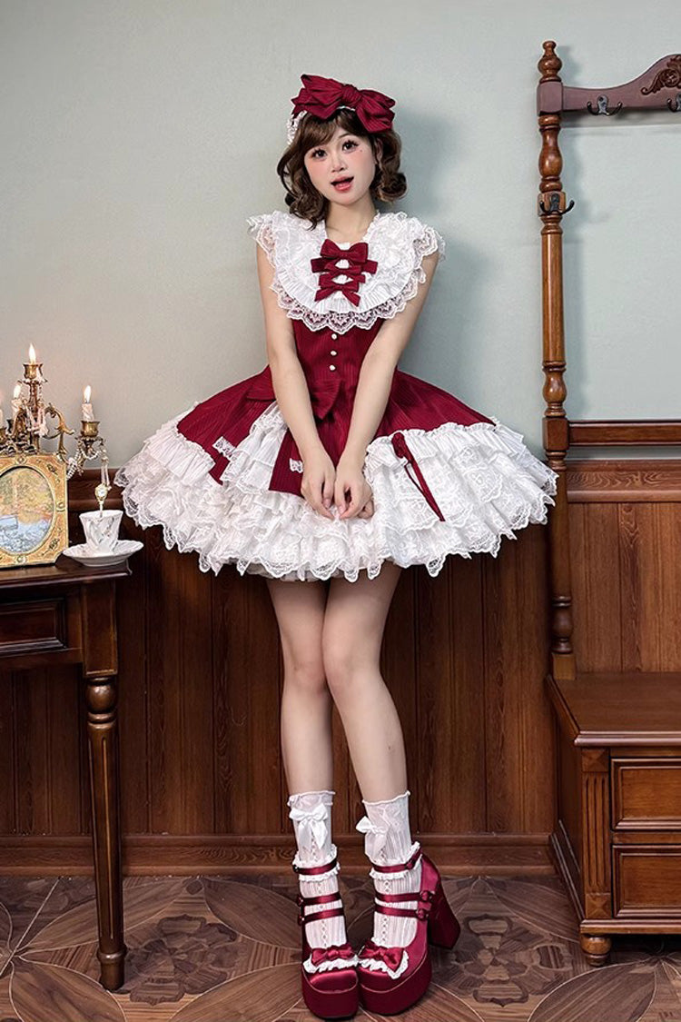 Red [Miss Tsundere] Sleeveless Multi-Layered Ruffle Bowknot Lace Asymmetric Sweet Princess Lolita Dress - Product - 2