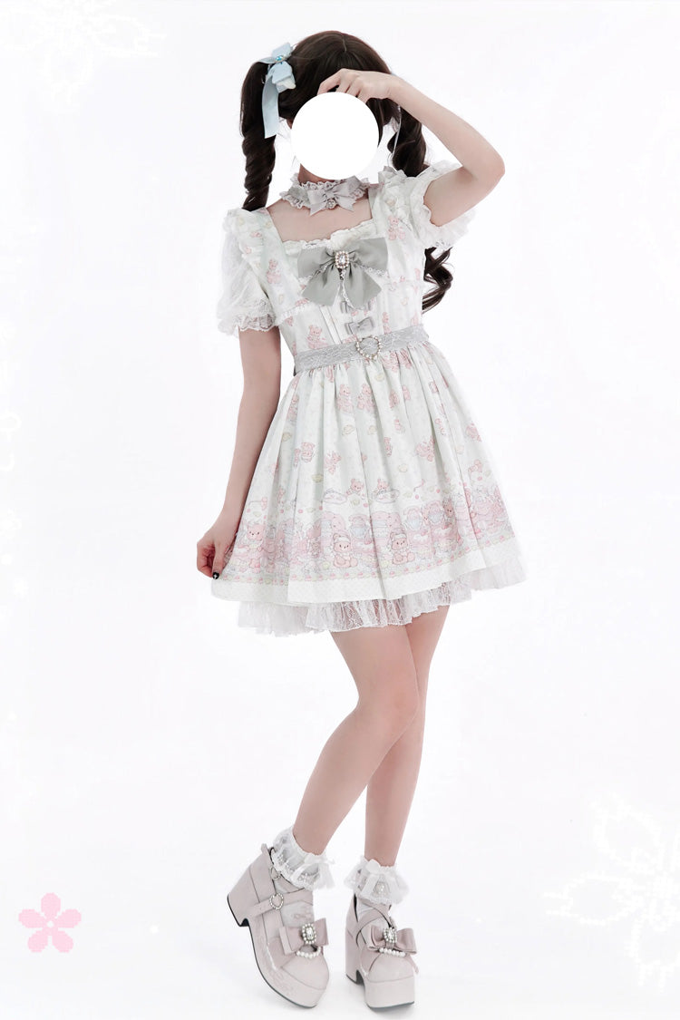 Pink/Green [Teddy Bear Party] Square Collar Short Sleeves Printed Ruffled Bow Lace Sweet Jirai Kei Japanese Dress - Product - 5