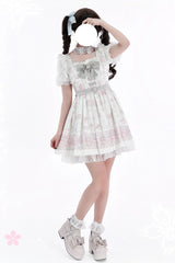 Pink/Green [Teddy Bear Party] Square Collar Short Sleeves Printed Ruffled Bow Lace Sweet Jirai Kei Japanese Dress - Product - 5