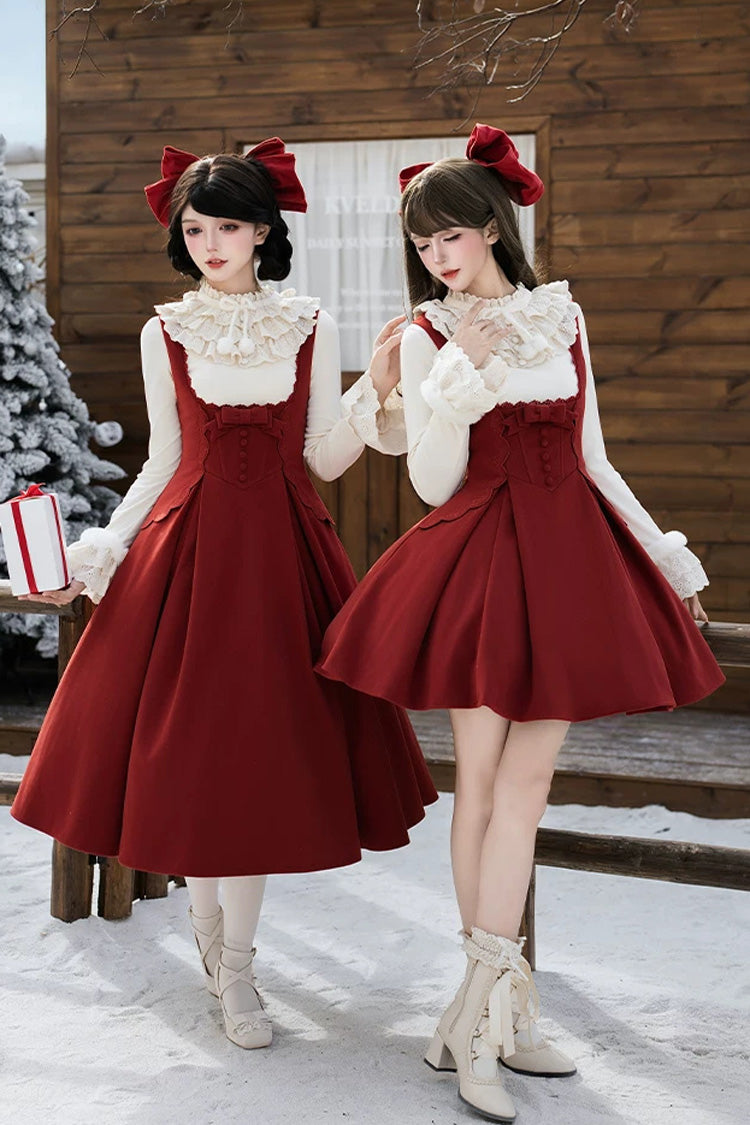 Red [Letters and Poems · Velvet Rose] Sleeveless Embroidered Bow Fishbone Classic Elegant Lolita Bandeau Dress 2 Versions - Red(Short-Version) - 1