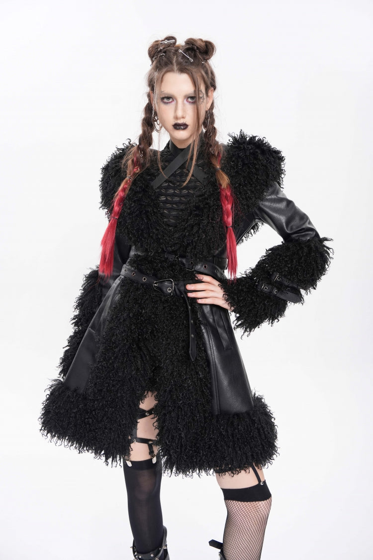 Black Long Sleeves Plush Stitching Buckle Hooded Straps Women's Punk Coat - Product - 3