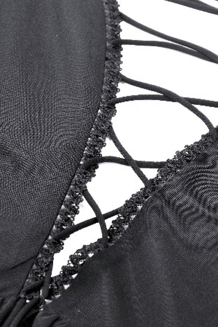 Black Off Shoulder Boat Neck Multi-Layered Long Trumpet Sleeves Lace Spliced Tulle Lace-Up Women's Gothic Fantasy Dress - Product - 17