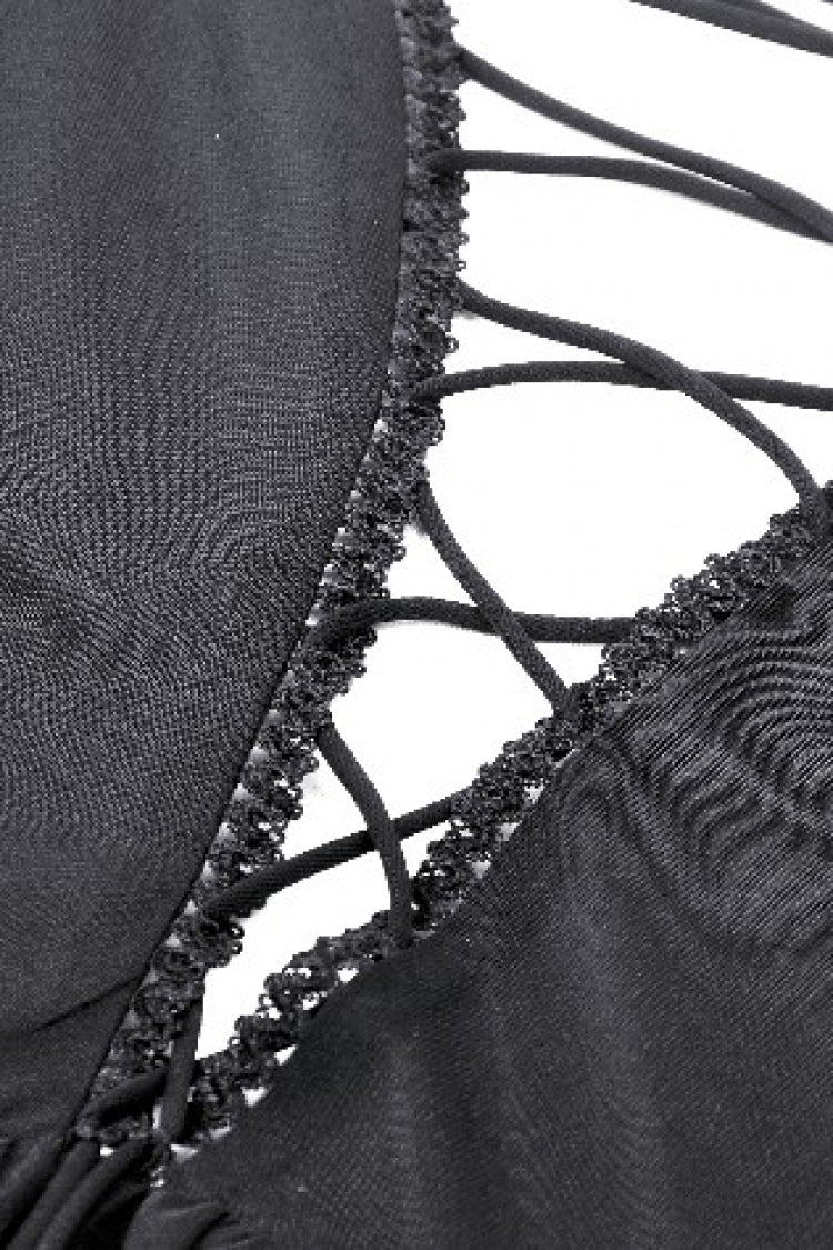 Black Off Shoulder Boat Neck Multi-Layered Long Trumpet Sleeves Lace Spliced Tulle Lace-Up Women's Gothic Fantasy Dress - Product - 17