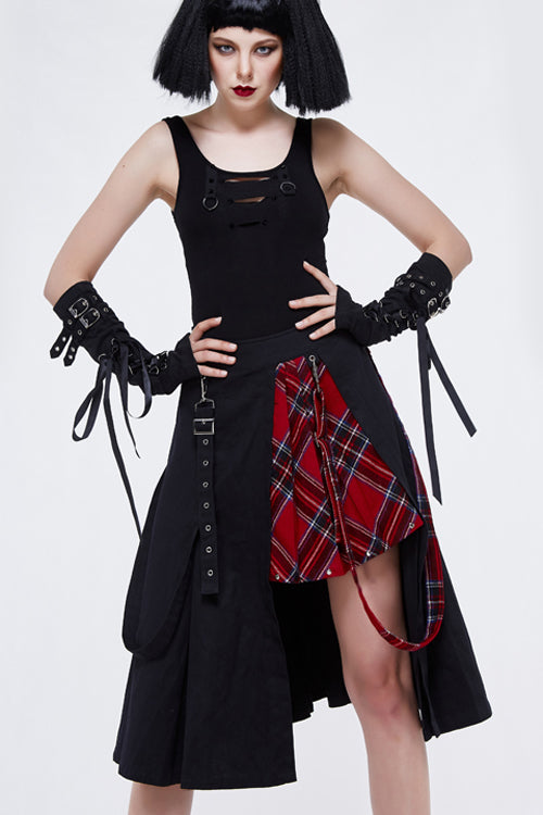 Black And Red Young Girls Fake 2 Pieces Scottish Plaid With Adjust Loops Punk Skirt - Product - 4