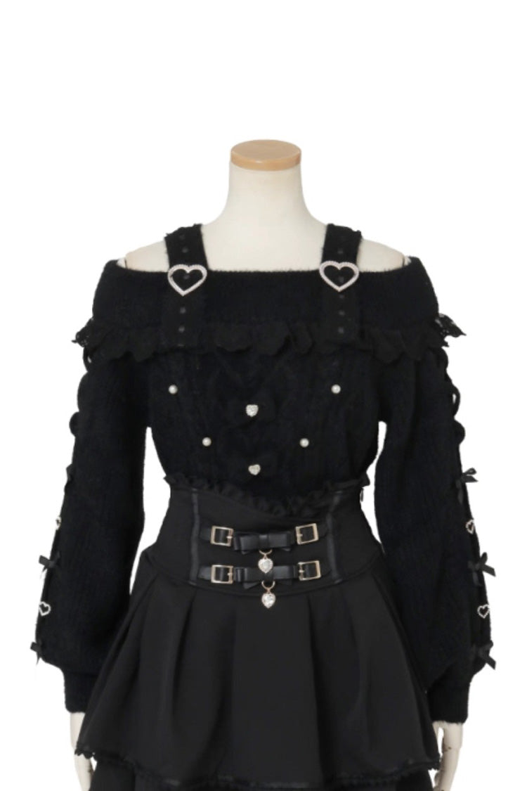 [Fluffy Heart] Boat Neck Long Sleeves Bow Jirai Kei Elegant Knitwear - Black - 2