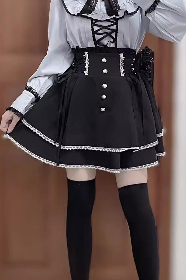 Jirai Kei High Waisted Bowknot Lace Lace-Up Sweet Lolita Skirt 2 Colors - Black/White - 1