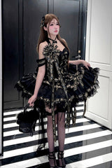 Black [Young Lady] Halterneck Sleeveless Multi-Layered Ruffle Bowknot Elegant Princess Gothic Lolita Dress - Product - 8