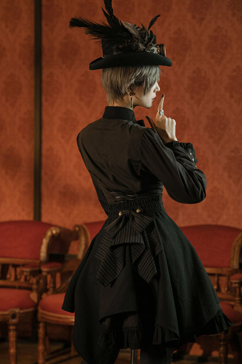 Black/Brown Single Breasted Long Sleeves Ruffled Striped Print Ouji Lolita Dress - Product - 7