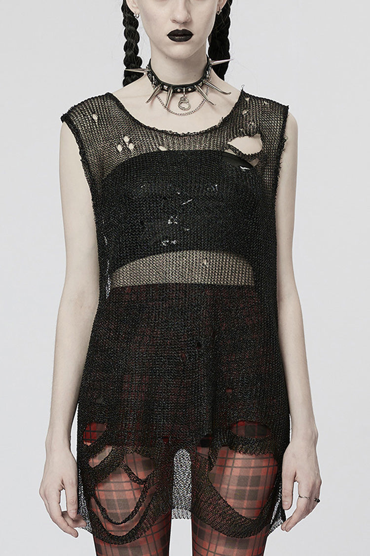 Sleeveless Mesh Ripped Women's Steampunk Sweater 2 Colors - Black - 1