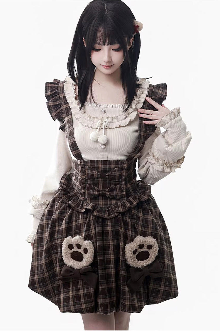 ブラウン [Fluffy Little Bear] チェック プリント フリル リボン スウィートロリータ ストラップ ワンピース 商品画像