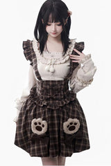 Brown [Fluffy Little Bear] Plaid Printed Ruffled Bow Sweet Lolita Strap Dress - Product - 3