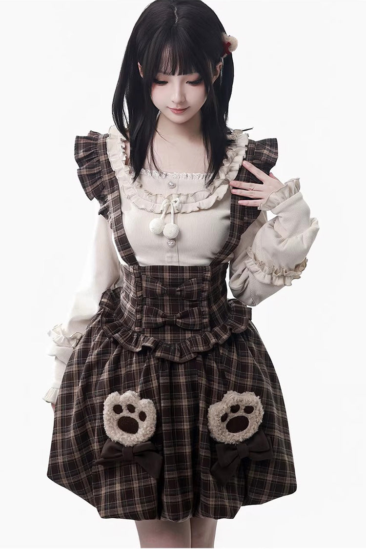 Brown [Fluffy Little Bear] Plaid Printed Ruffled Bow Sweet Lolita Strap Dress - Product - 3