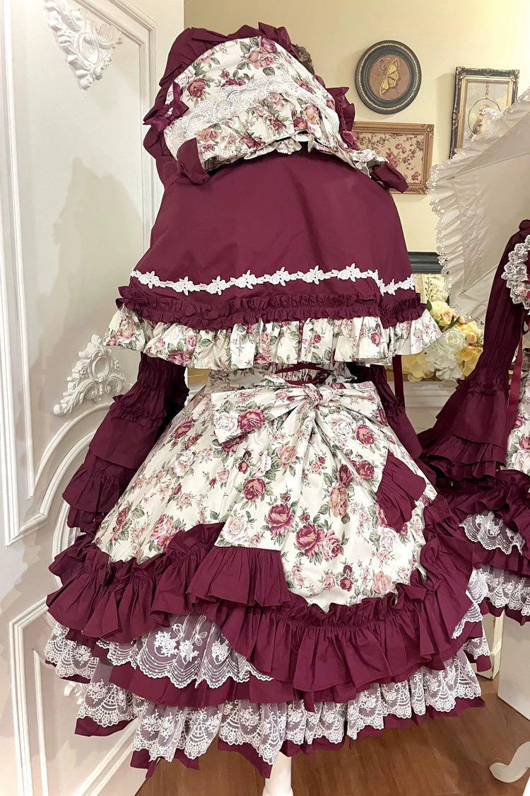 Burgundy Rose Flower Wall Printed Off Shoulder Sleeveless Ruffled Bow Lace Gothic Lolita Jsk Dress - Product - 20