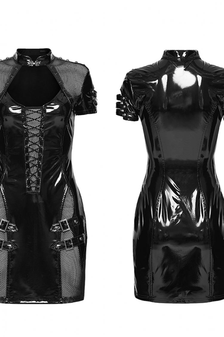 Black Stand Collar Short Sleeves Spliced Lace-Up Slim Mesh Buckled Women's Punk Handsome Dress - Product - 5