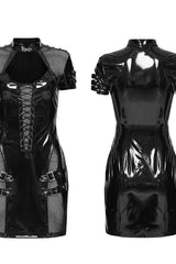 Black Stand Collar Short Sleeves Spliced Lace-Up Slim Mesh Buckled Women's Punk Handsome Dress - Product - 5