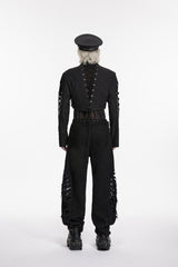 Black Stand Collar Long Sleeves Spliced Lace-Up Mesh Studded Buckled Eyelet Men's Punk Jacket - Product - 2