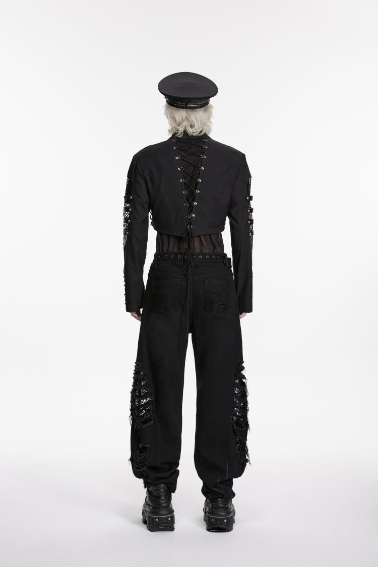 Black Stand Collar Long Sleeves Spliced Lace-Up Mesh Studded Buckled Eyelet Men's Punk Jacket - Product - 2