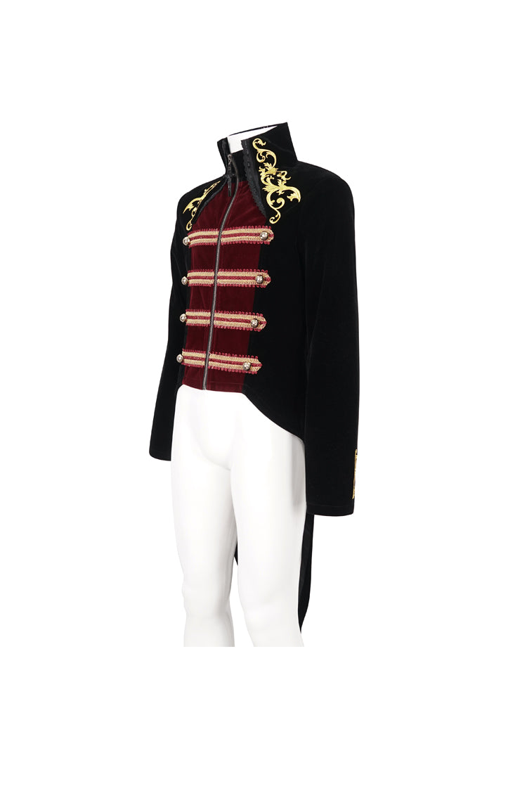 Black/Red Retro Totem Embroidered Swallow Tailed Men's Gothic Coat - Product - 7