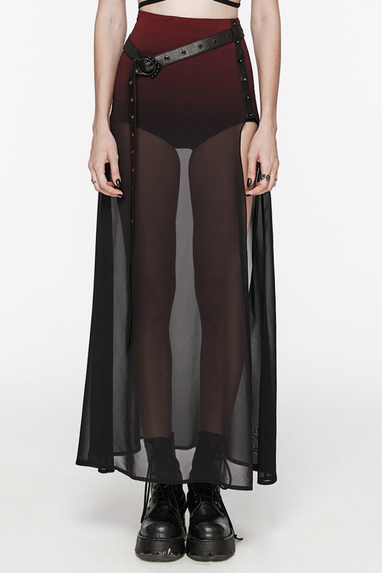 Black/Red Rivet Split Women's Gothic Skirt with Belt - Black/Red - 1