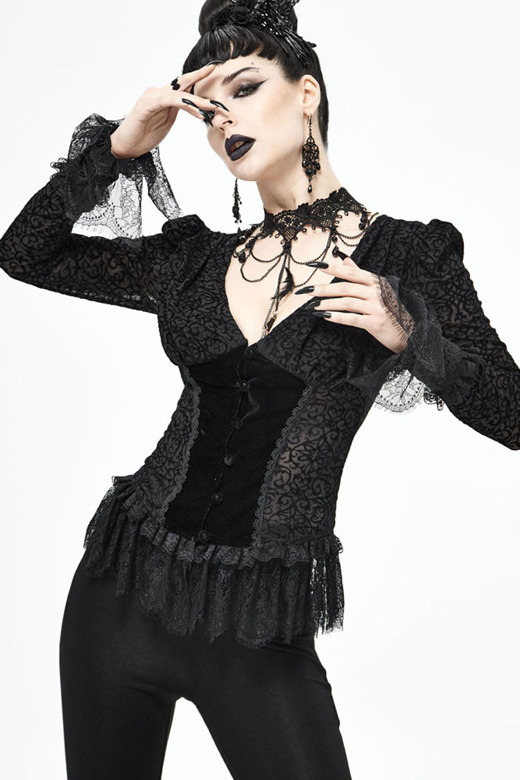 lack Gothic Flocking V-Neck Front Splice Velvet Long Sleeve Lace Hem Women's Blouse - Product - 4