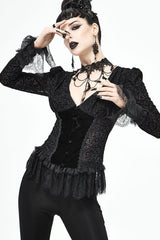 lack Gothic Flocking V-Neck Front Splice Velvet Long Sleeve Lace Hem Women's Blouse - Product - 4