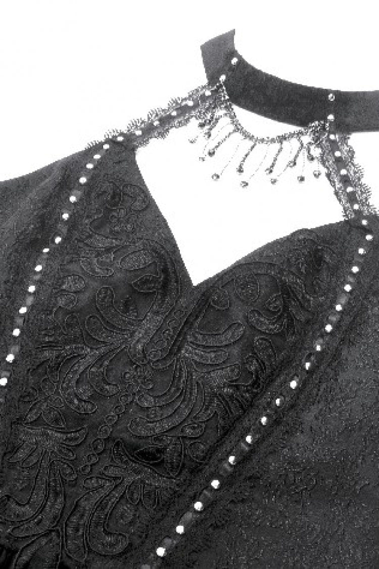 Black Off Shoulder Halterneck Sleeveless Lace Lace-Up Women's Gothic Party Dress - Product - 13
