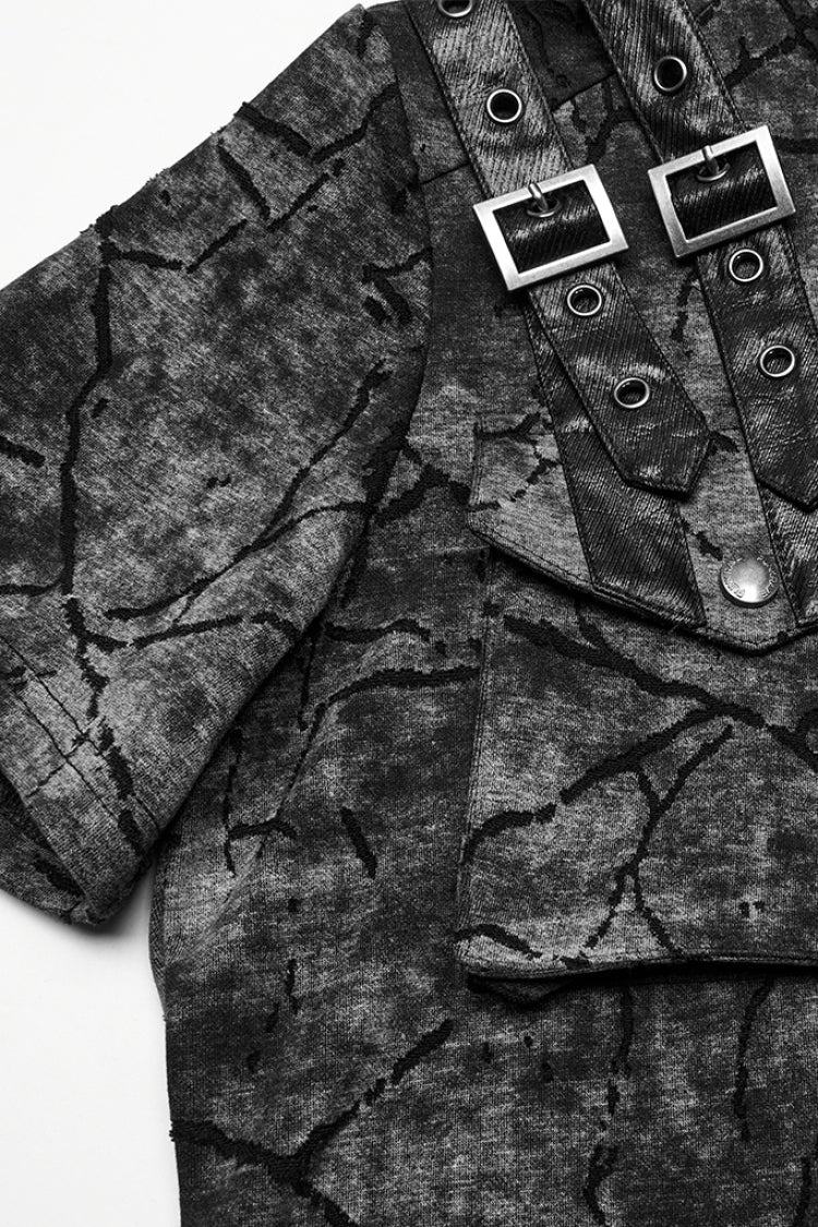 Grey Short Sleeves Big-pocket Tie-dyed Hooded Men's Punk T-Shirt - Product - 5