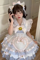 Blue Magical Girl Multi-layer Ruffle Bowknot Bell Maid Sweet Lolita Dress Full Set - Product - 4
