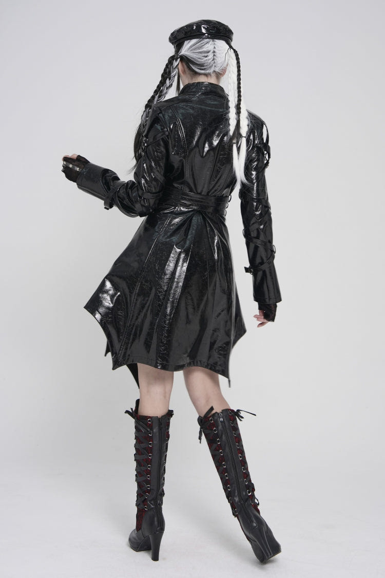 Black Lapel Collar Long Sleeves Lace-Up Irregular Eyelets & Rings Women's Punk Coat - Product - 12