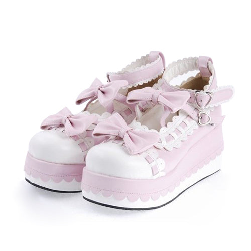 Pink Synthetic Leather Round Toe Ankle Straps Bow Decoration Platform Lolita Shoes - Pink - 1